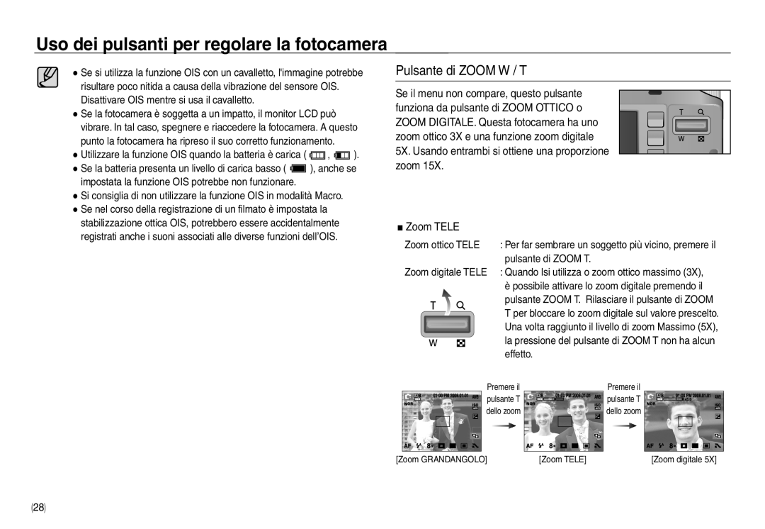 Samsung EC-NV30ZBBB/E1 Pulsante di Zoom W / T, Utilizzare la funzione OIS quando la batteria è carica, Zoom ottico Tele 