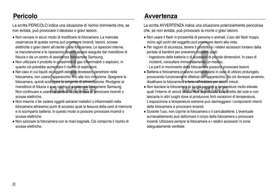 Samsung EC-NV30ZBDA/E3, EC-NV30ZSBA/E2, EC-NV30ZSDA/E3, EC-NV30ZBBA/E2, EC-NV30ZSBA/IT, EC-NV30ZBBB/E1 Pericolo, Avvertenza 