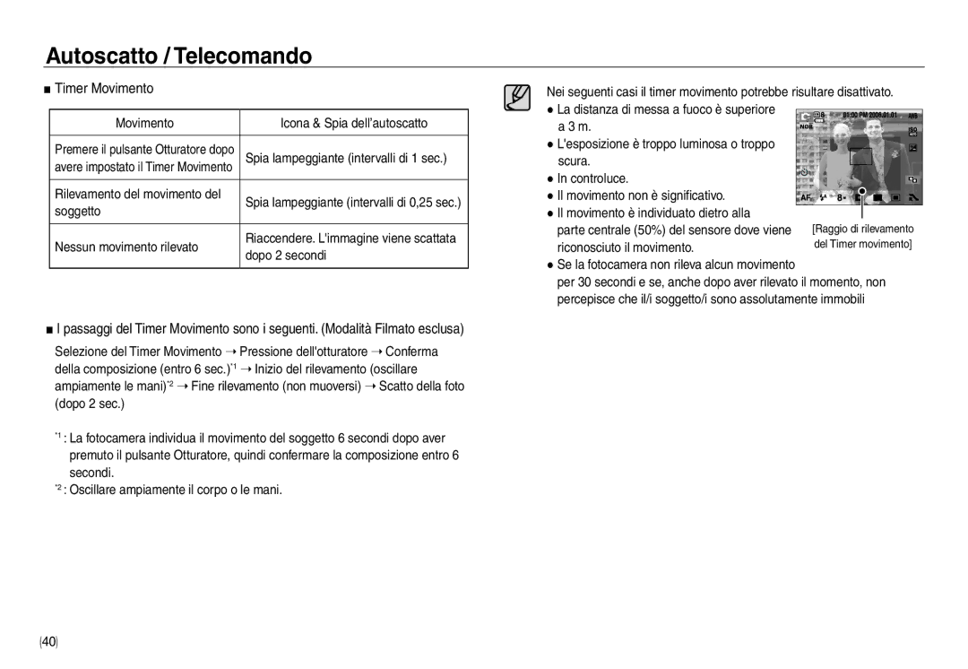 Samsung EC-NV30ZBBB/E1 manual Timer Movimento, Movimento Icona & Spia dell’autoscatto, Soggetto, Nessun movimento rilevato 