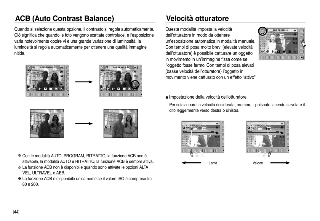 Samsung EC-NV30ZSBB/E1 manual ACB Auto Contrast Balance, Velocità otturatore, Impostazione della velocità dellotturatore 