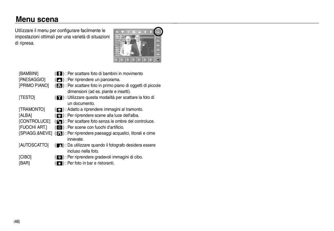 Samsung EC-NV30ZSBB/IT, EC-NV30ZSBA/E2, EC-NV30ZSDA/E3, EC-NV30ZBBA/E2, EC-NV30ZBDA/E3, EC-NV30ZSBA/IT manual Menu scena 