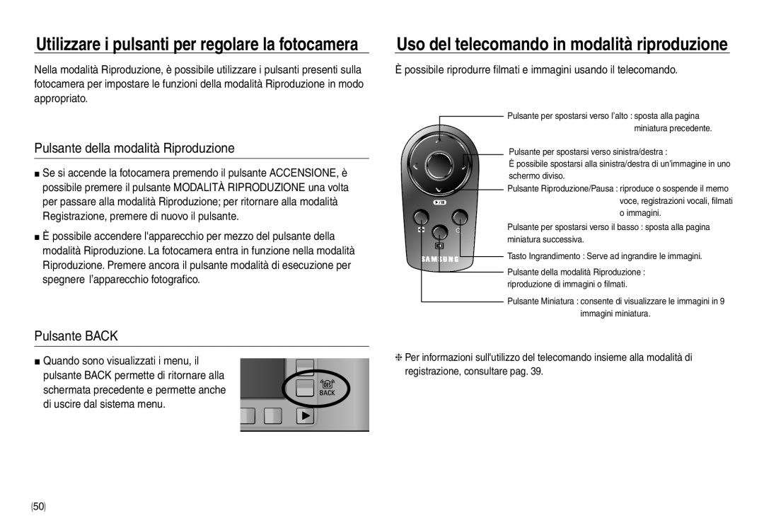 Samsung EC-NV30ZBDA/E3, EC-NV30ZSBA/E2, EC-NV30ZSDA/E3, EC-NV30ZBBA/E2 Pulsante della modalità Riproduzione, Pulsante Back 