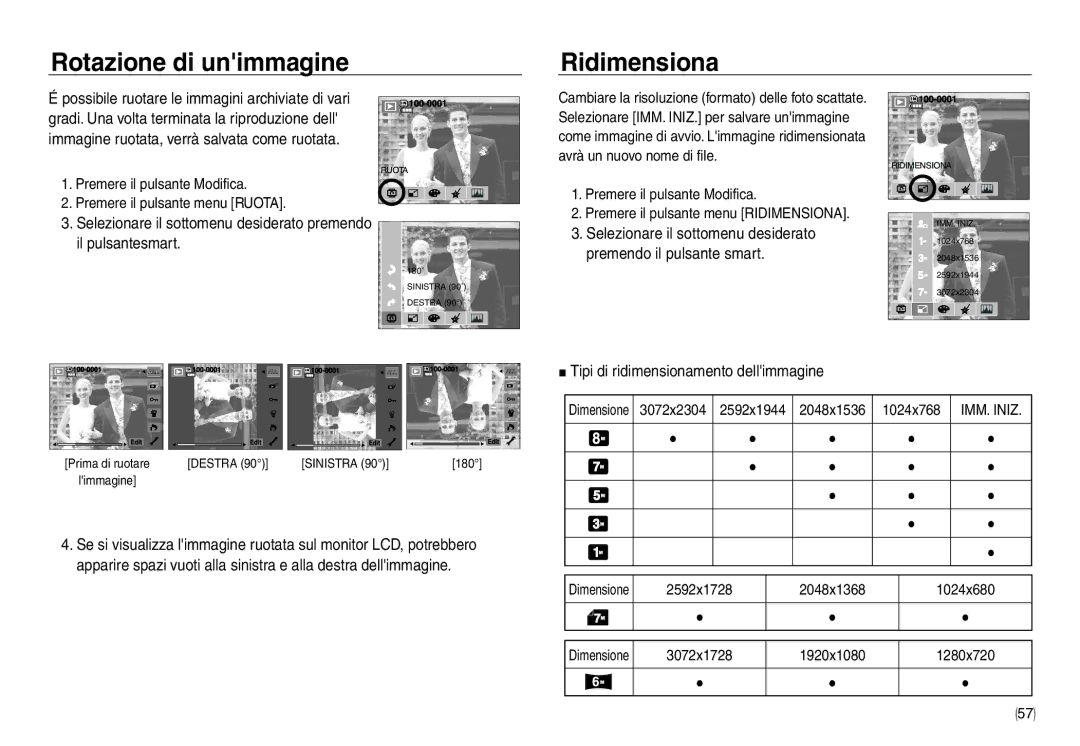 Samsung EC-NV30ZSBA/E1 Rotazione di unimmagine Ridimensiona, Premere il pulsante Modifica Premere il pulsante menu Ruota 