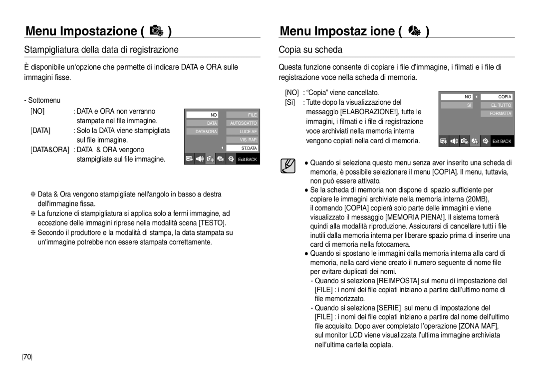 Samsung EC-NV30ZSBB/IT manual Menu Impostaz ione, Stampigliatura della data di registrazione, Copia su scheda, Data 