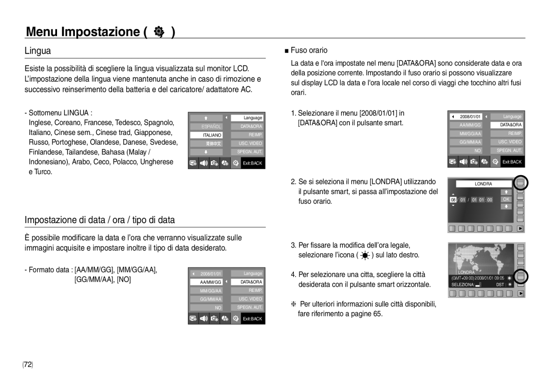 Samsung EC-NV30ZSDA/E3, EC-NV30ZSBA/E2, EC-NV30ZBBA/E2 manual Lingua, Impostazione di data / ora / tipo di data, Fuso orario 