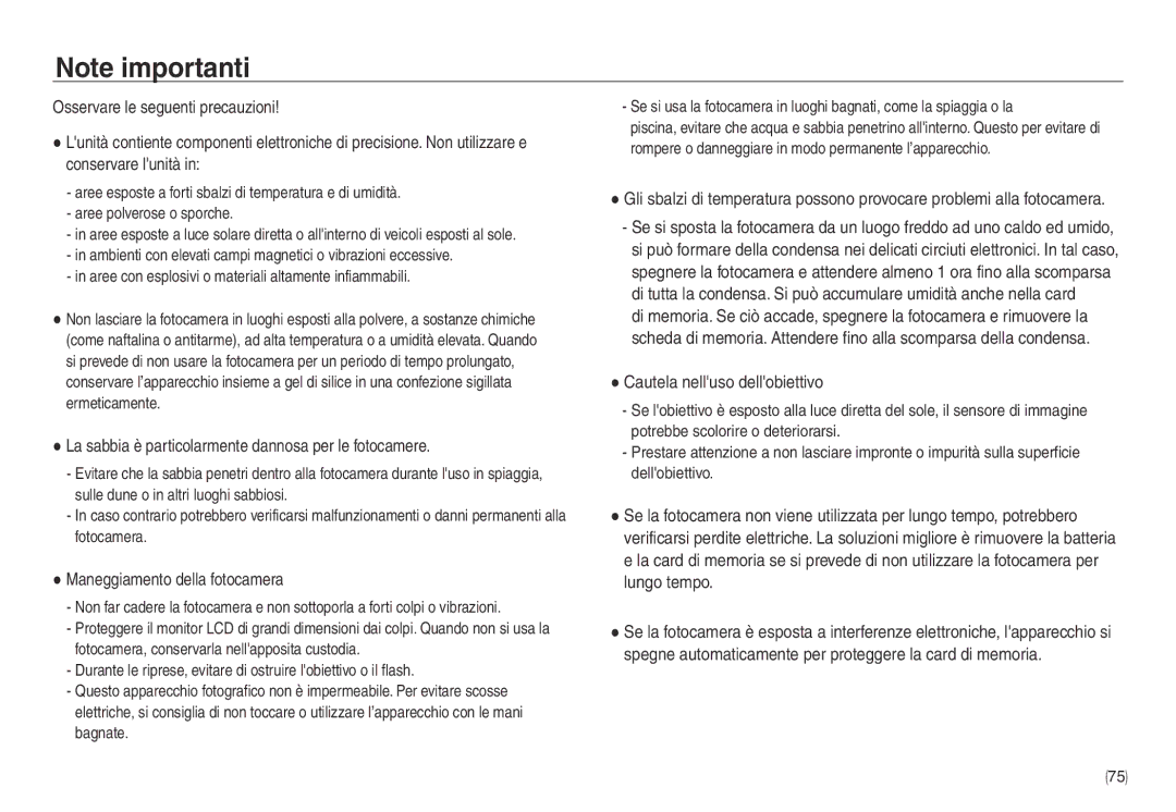 Samsung EC-NV30ZSBA/IT manual La sabbia è particolarmente dannosa per le fotocamere, Maneggiamento della fotocamera 