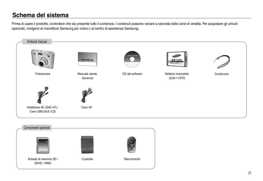 Samsung EC-NV30ZBBC/E1, EC-NV30ZSBA/E2, EC-NV30ZSDA/E3, EC-NV30ZBBA/E2 manual Schema del sistema, Componenti opzionali 