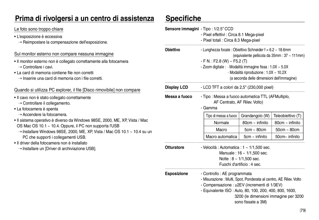 Samsung EC-NV30ZBBC/E1 manual Specifiche, Le foto sono troppo chiare, Sul monitor esterno non compare nessuna immagine 