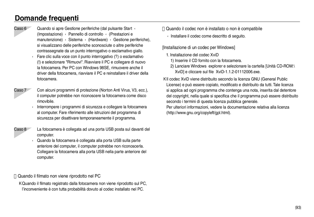 Samsung EC-NV30ZSBA/E1 Quando il filmato non viene riprodotto nel PC, Quando il codec non è installato o non è compatibile 