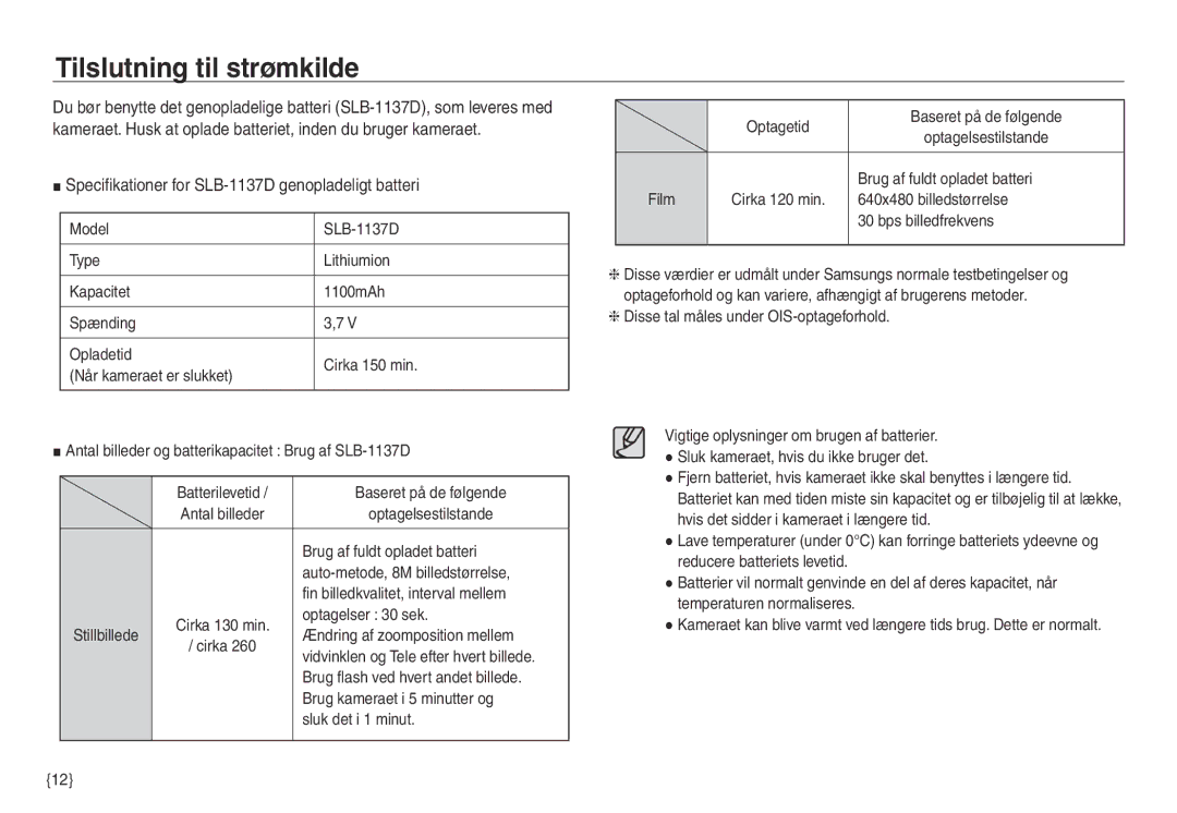 Samsung EC-NV30ZSDA/E3, EC-NV30ZSBA/E2 Tilslutning til strømkilde, Specifikationer for SLB-1137D genopladeligt batteri 