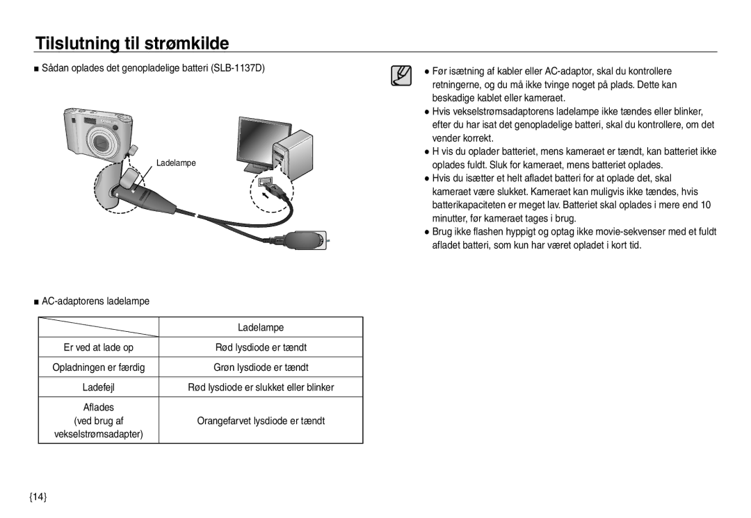 Samsung EC-NV30ZBDA/E3 manual Sådan oplades det genopladelige batteri SLB-1137D, AC-adaptorens ladelampe Ladelampe 