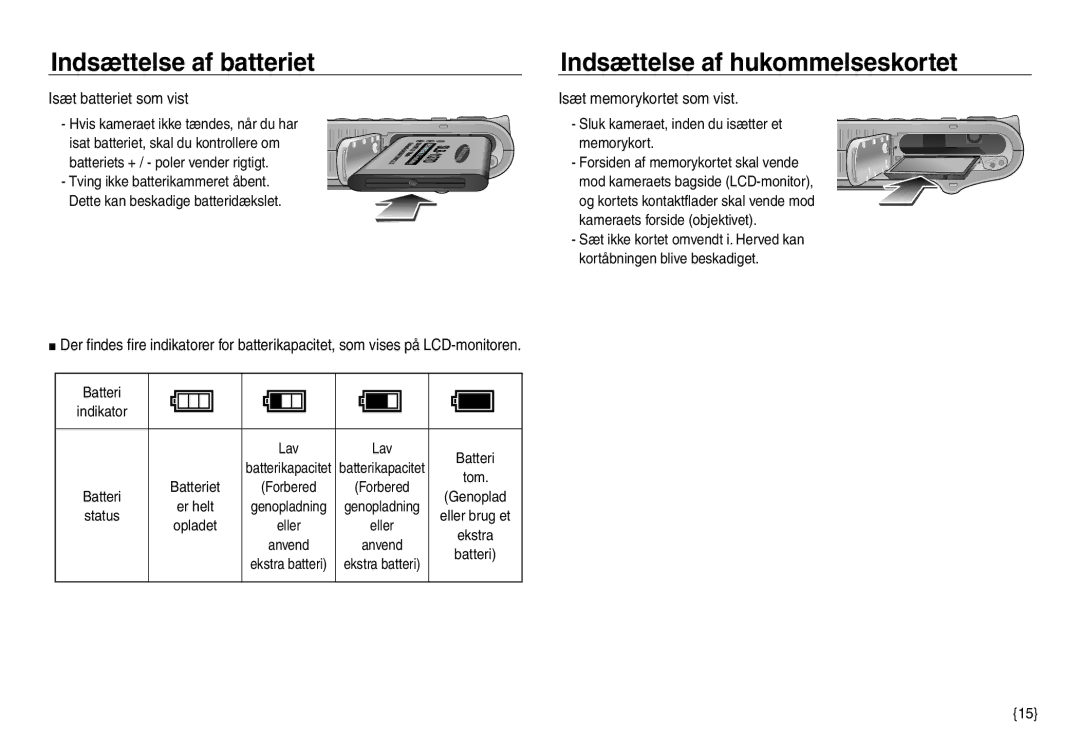 Samsung EC-NV30ZSBA/E2, EC-NV30ZSDA/E3 Indsættelse af batteriet, Indsættelse af hukommelseskortet, Isæt batteriet som vist 