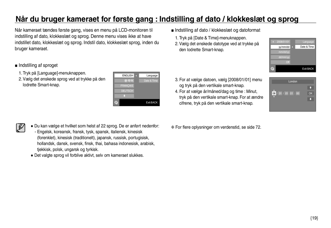 Samsung EC-NV30ZSBA/E2, EC-NV30ZSDA/E3 Indstilling af sproget, Tryk på Date & Time-menuknappen, Den lodrette Smart-knap 