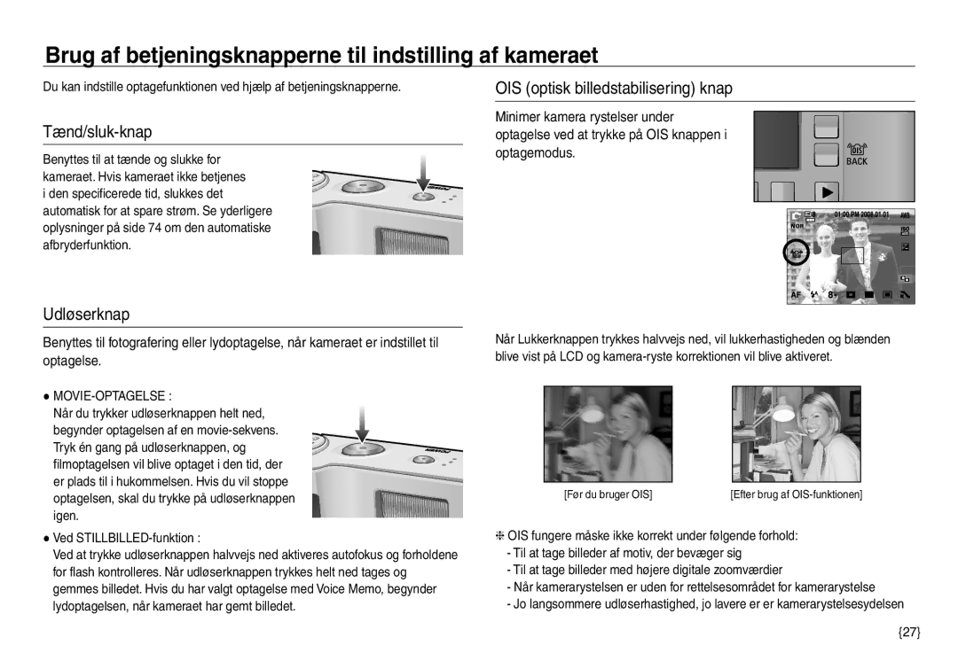 Samsung EC-NV30ZSBA/E2 manual Brug af betjeningsknapperne til indstilling af kameraet, Tænd/sluk-knap, Udløserknap 