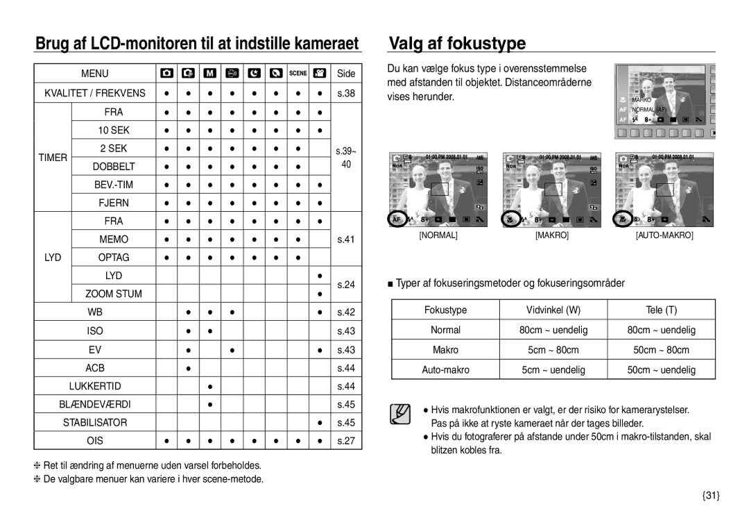 Samsung EC-NV30ZSBA/E2 manual Valg af fokustype, Vises herunder, Typer af fokuseringsmetoder og fokuseringsområder 