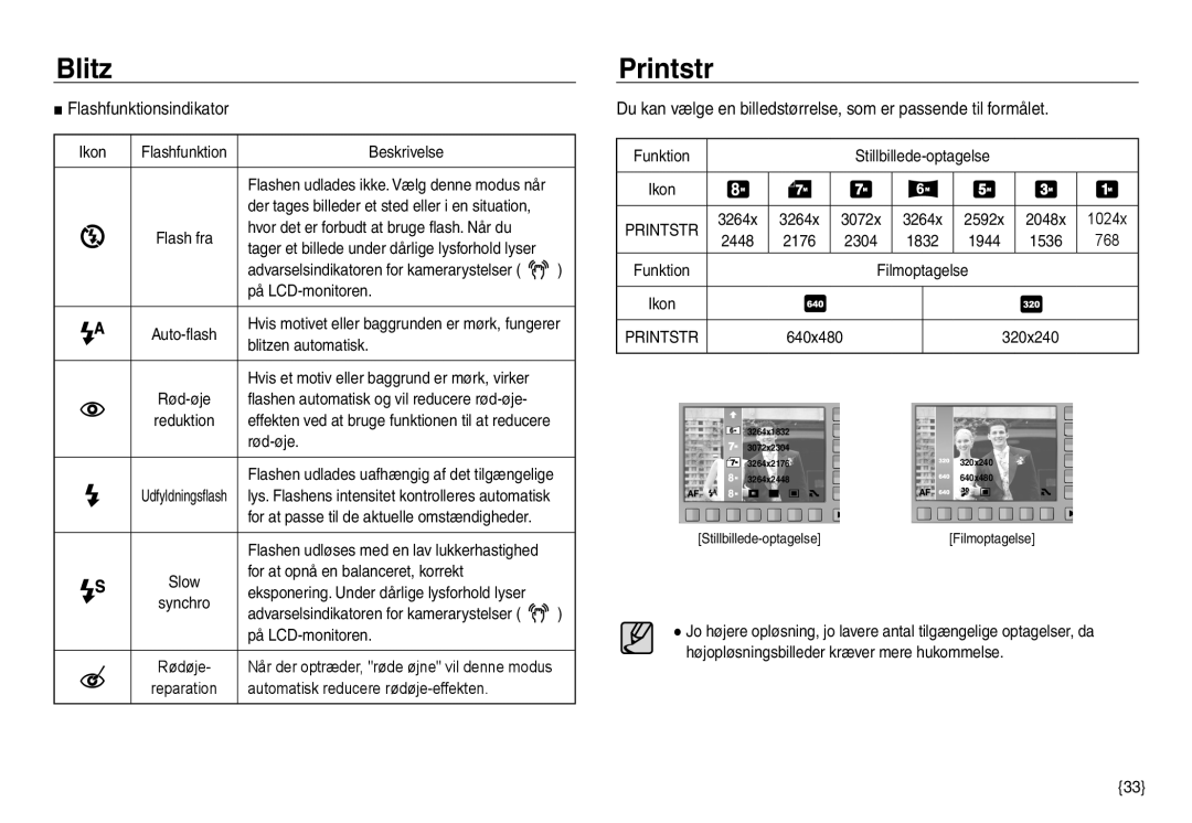 Samsung EC-NV30ZBBA/E2, EC-NV30ZSBA/E2, EC-NV30ZSDA/E3, EC-NV30ZBDA/E3 manual Printstr, Flashfunktionsindikator 