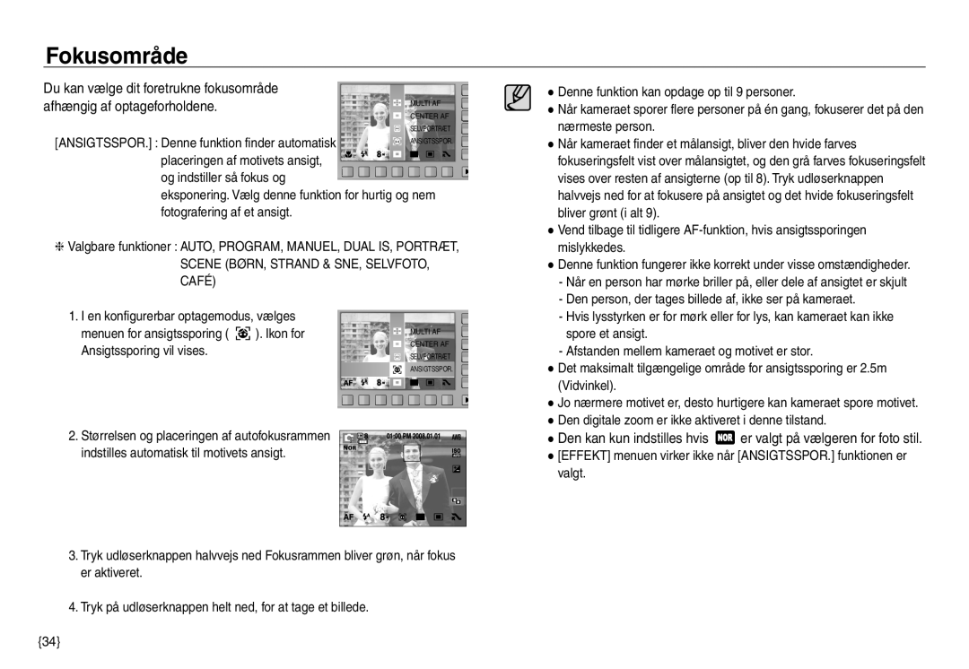 Samsung EC-NV30ZBDA/E3, EC-NV30ZSBA/E2, EC-NV30ZSDA/E3, EC-NV30ZBBA/E2 manual Fokusområde, Den kan kun indstilles hvis 