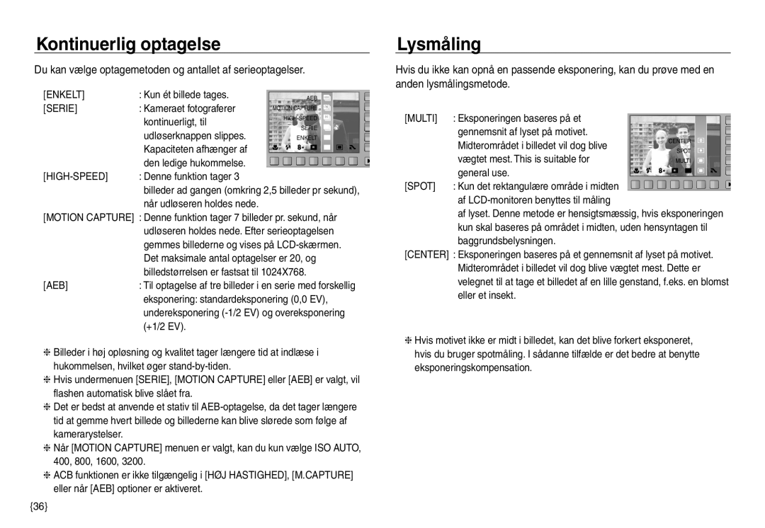 Samsung EC-NV30ZSDA/E3 manual Kontinuerlig optagelse, Lysmåling, Du kan vælge optagemetoden og antallet af serieoptagelser 