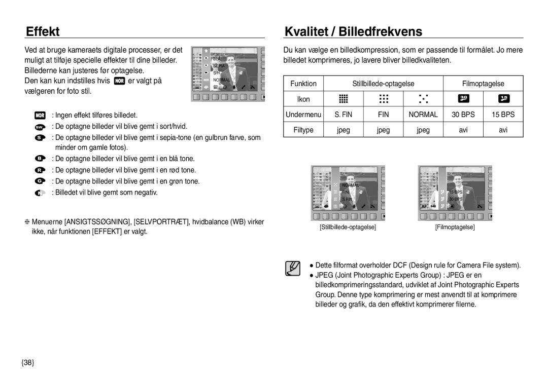 Samsung EC-NV30ZBDA/E3 manual Effekt, Kvalitet / Billedfrekvens, Billederne kan justeres før optagelse, Filmoptagelse 