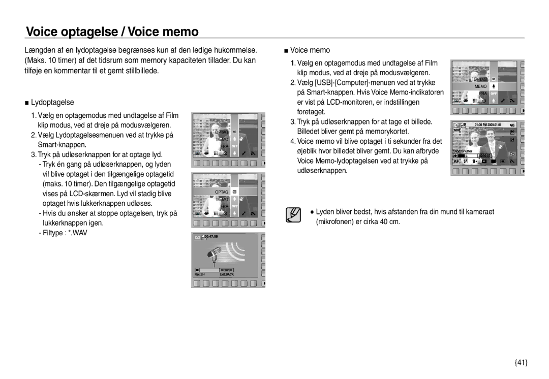 Samsung EC-NV30ZBBA/E2 Voice optagelse / Voice memo, Lydoptagelse, Er vist på LCD-monitoren, er indstillingen foretaget 