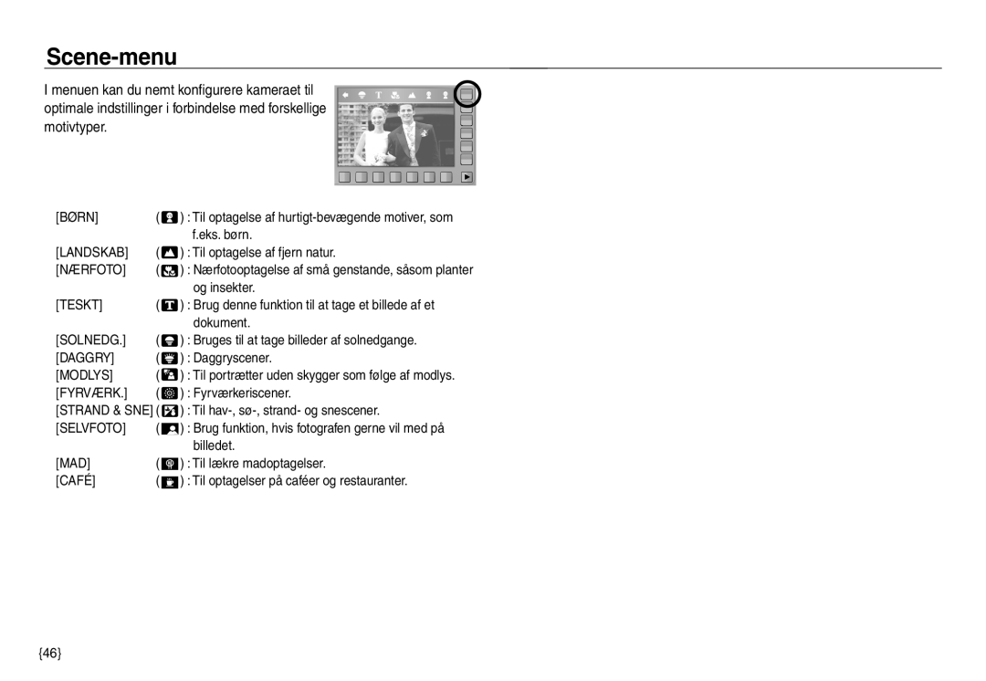 Samsung EC-NV30ZBDA/E3, EC-NV30ZSBA/E2, EC-NV30ZSDA/E3, EC-NV30ZBBA/E2 manual Scene-menu 