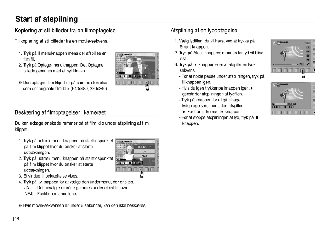 Samsung EC-NV30ZSDA/E3 manual Kopiering af stillbilleder fra en filmoptagelse, Beskæring af filmoptagelser i kameraet 