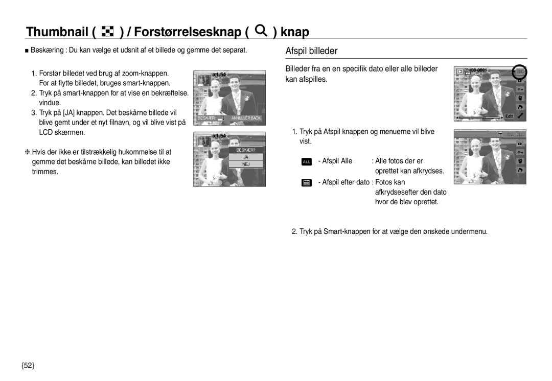 Samsung EC-NV30ZSDA/E3, EC-NV30ZSBA/E2 manual Afspil billeder, Tryk på Smart-knappen for at vælge den ønskede undermenu 