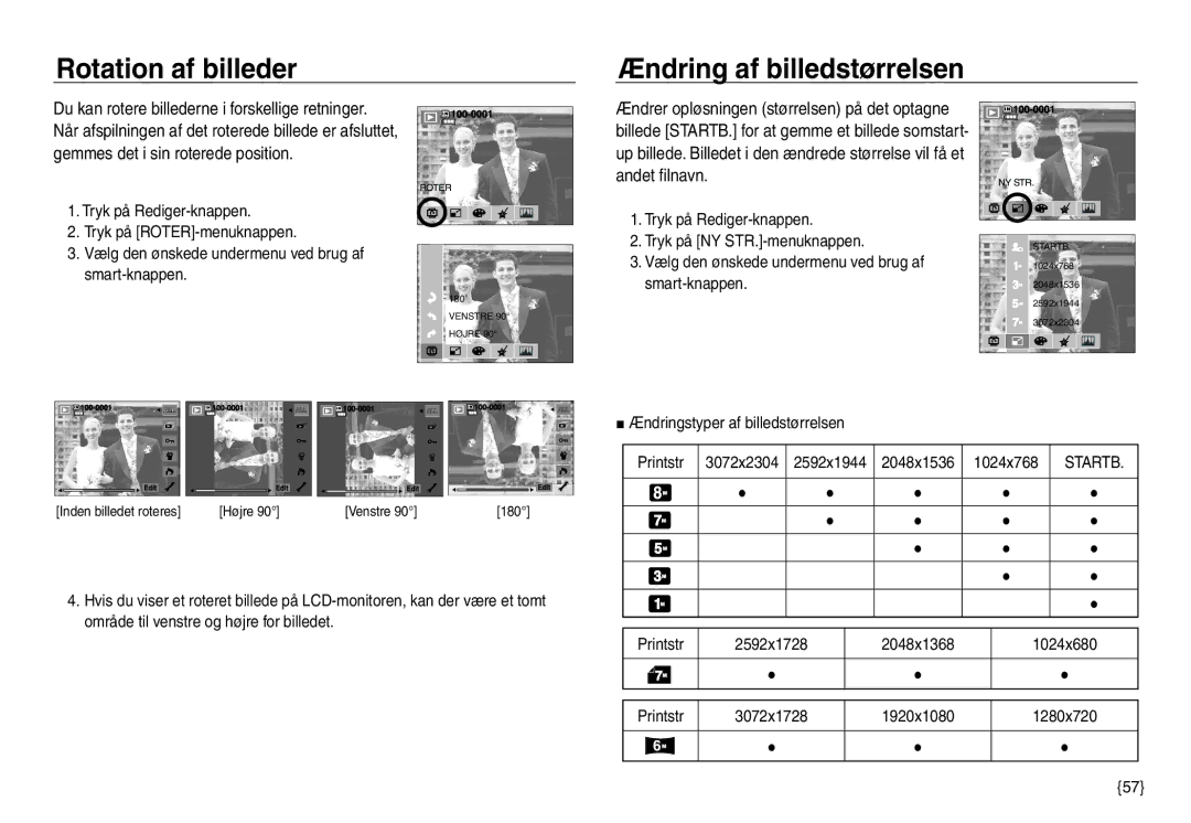 Samsung EC-NV30ZBBA/E2 manual Rotation af billeder Ændring af billedstørrelsen, Ændringstyper af billedstørrelsen Printstr 