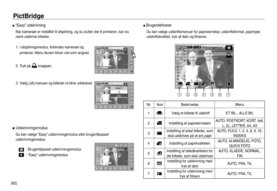 Samsung EC-NV30ZBDA/E3, EC-NV30ZSBA/E2 Easy udskrivning, Udskrivningsmodus, Brugerdefineret, Vælg et billede til udskrift 