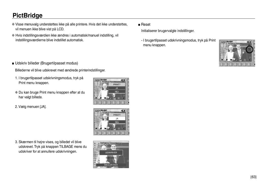 Samsung EC-NV30ZSBA/E2 manual Udskriv billeder Brugertilpasset modus, Reset, Du kan bruge Print menu knappen efter at du 