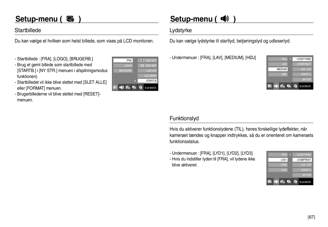 Samsung EC-NV30ZSBA/E2, EC-NV30ZSDA/E3, EC-NV30ZBBA/E2, EC-NV30ZBDA/E3 manual Startbillede, Lydstyrke, Funktionslyd 