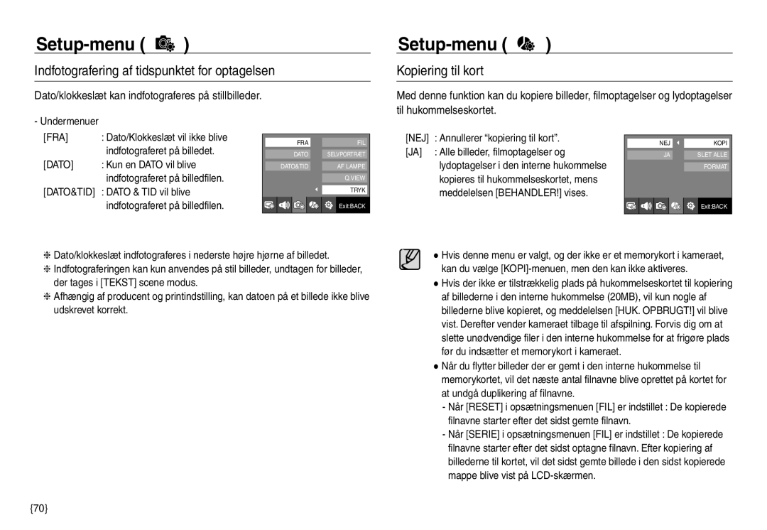 Samsung EC-NV30ZBDA/E3, EC-NV30ZSBA/E2 manual Indfotografering af tidspunktet for optagelsen, Kopiering til kort, Dato 