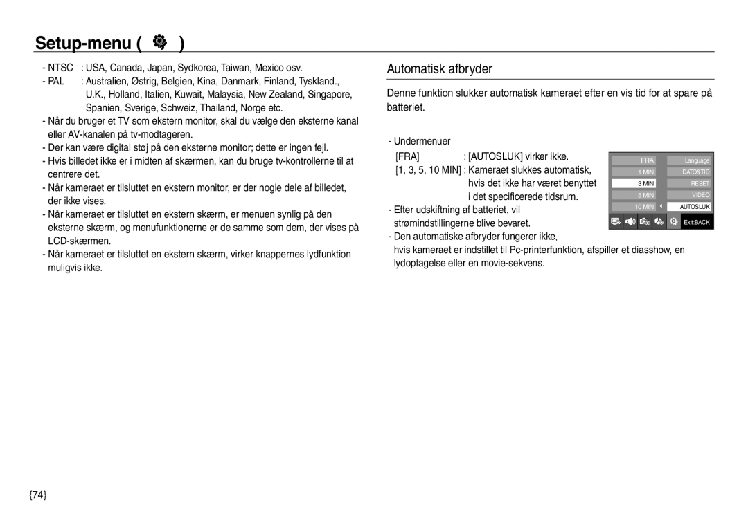 Samsung EC-NV30ZBDA/E3, EC-NV30ZSBA/E2, EC-NV30ZSDA/E3, EC-NV30ZBBA/E2 manual Automatisk afbryder, Ntsc, Pal 