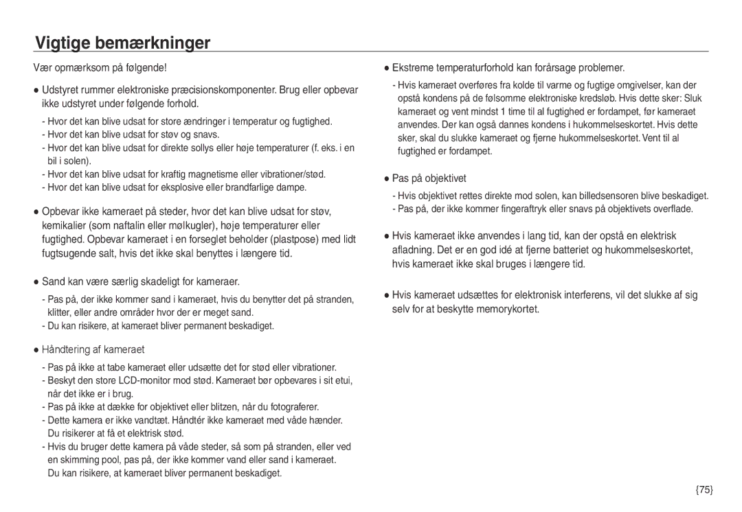 Samsung EC-NV30ZSBA/E2 manual Vigtige bemærkninger, Sand kan være særlig skadeligt for kameraer, Håndtering af kameraet 