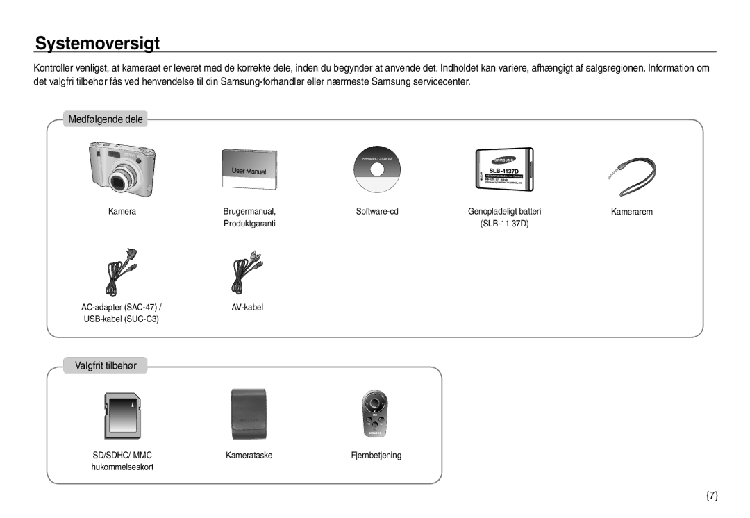 Samsung EC-NV30ZSBA/E2, EC-NV30ZSDA/E3, EC-NV30ZBBA/E2, EC-NV30ZBDA/E3 manual Systemoversigt, Valgfrit tilbehør 