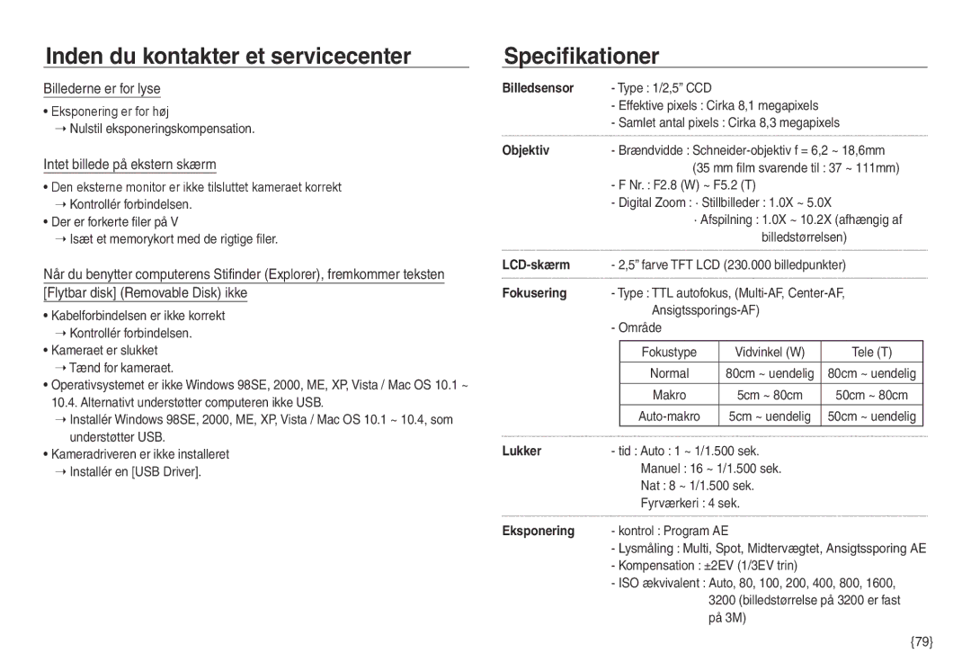 Samsung EC-NV30ZSBA/E2, EC-NV30ZSDA/E3 manual Specifikationer, Billederne er for lyse, Intet billede på ekstern skærm 