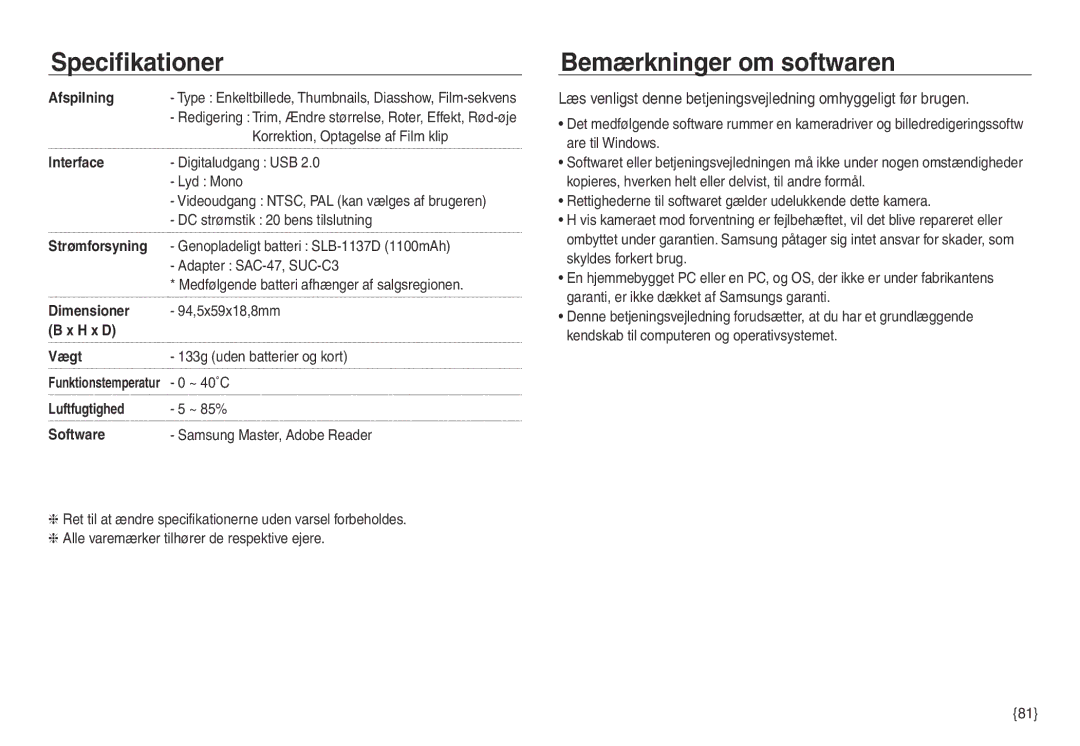 Samsung EC-NV30ZBBA/E2, EC-NV30ZSBA/E2, EC-NV30ZSDA/E3, EC-NV30ZBDA/E3 manual Bemærkninger om softwaren 