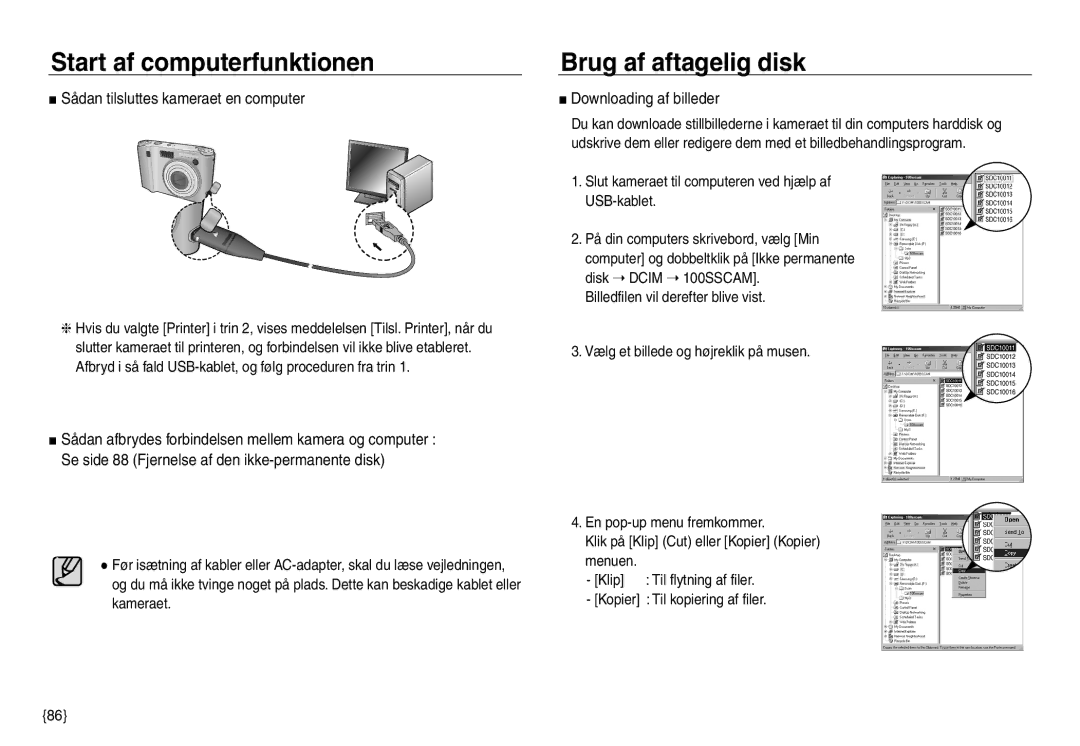 Samsung EC-NV30ZBDA/E3, EC-NV30ZSBA/E2, EC-NV30ZSDA/E3, EC-NV30ZBBA/E2 manual Brug af aftagelig disk, Downloading af billeder 