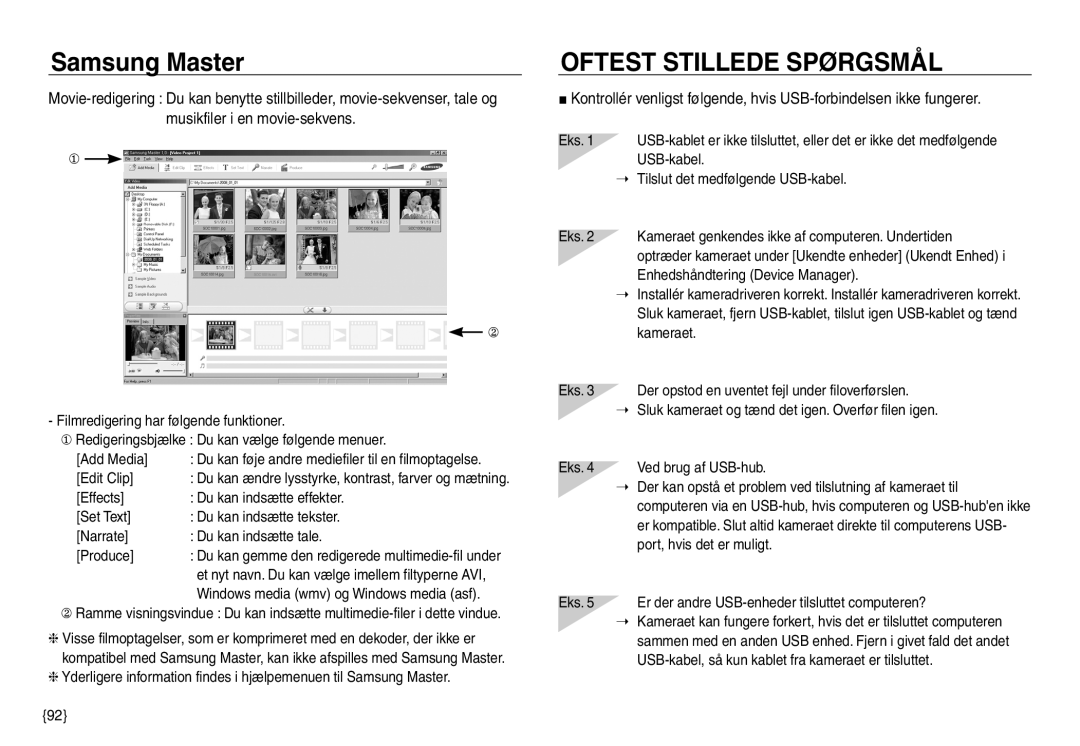 Samsung EC-NV30ZSDA/E3, EC-NV30ZSBA/E2, EC-NV30ZBBA/E2 manual Edit Clip, Eks, USB-kabel, Enhedshåndtering Device Manager 