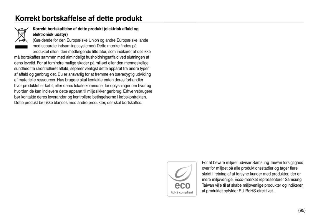 Samsung EC-NV30ZSBA/E2, EC-NV30ZSDA/E3, EC-NV30ZBBA/E2, EC-NV30ZBDA/E3 manual Korrekt bortskaffelse af dette produkt 