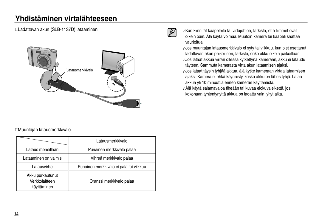 Samsung EC-NV30ZBDA/E3, EC-NV30ZSBA/E2 Ladattavan akun SLB-1137D lataaminen, Muuntajan latausmerkkivalo, Latausmerkkivalo 