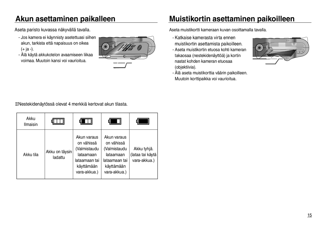 Samsung EC-NV30ZSBA/E2, EC-NV30ZSDA/E3, EC-NV30ZBBA/E2 Akun asettaminen paikalleen, Muistikortin asettaminen paikoilleen 