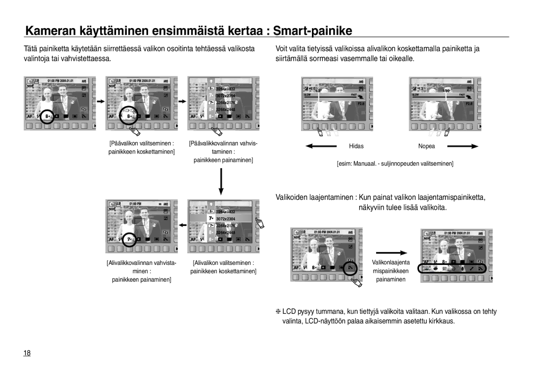 Samsung EC-NV30ZBDA/E3, EC-NV30ZSBA/E2, EC-NV30ZSDA/E3, EC-NV30ZBBA/E2 Kameran käyttäminen ensimmäistä kertaa Smart-painike 