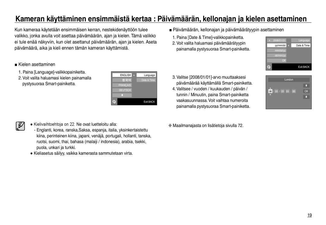 Samsung EC-NV30ZSBA/E2, EC-NV30ZSDA/E3 manual Päivämäärän, kellonajan ja päivämäärätyypin asettaminen, Kielen asettaminen 