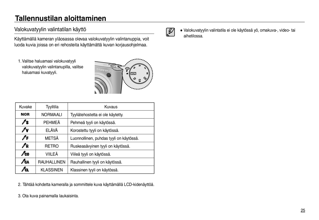 Samsung EC-NV30ZBBA/E2, EC-NV30ZSBA/E2, EC-NV30ZSDA/E3, EC-NV30ZBDA/E3 manual Valokuvatyylin valintatilan käyttö 