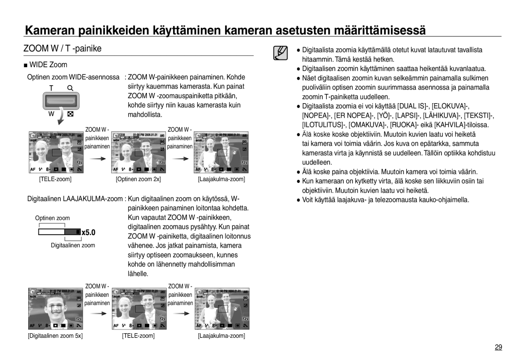 Samsung EC-NV30ZBBA/E2 manual Wide Zoom, Kun vapautat Zoom W -painikkeen, Kohde on lähennetty mahdollisimman, Lähelle 