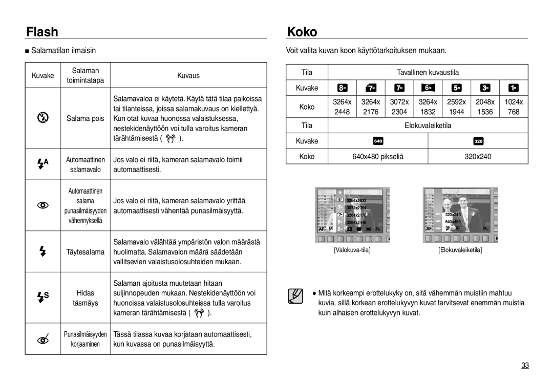 Samsung EC-NV30ZBBA/E2, EC-NV30ZSBA/E2 manual Koko, Salamatilan ilmaisin, Voit valita kuvan koon käyttötarkoituksen mukaan 