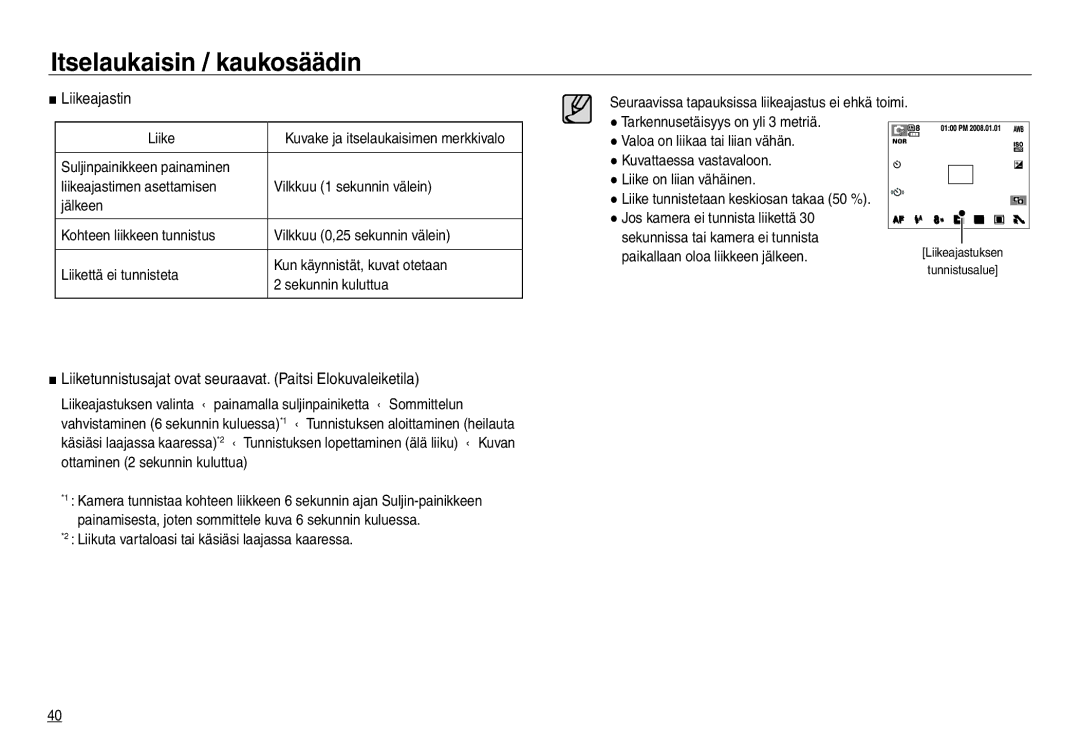 Samsung EC-NV30ZSDA/E3, EC-NV30ZSBA/E2 manual Liikeajastin, Liiketunnistusajat ovat seuraavat. Paitsi Elokuvaleiketila 