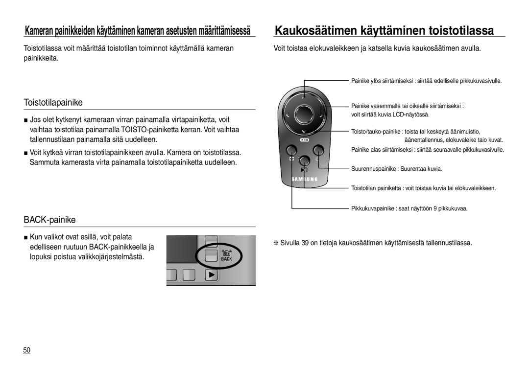 Samsung EC-NV30ZBDA/E3, EC-NV30ZSBA/E2 manual Kaukosäätimen käyttäminen toistotilassa, Toistotilapainike, BACK-painike 