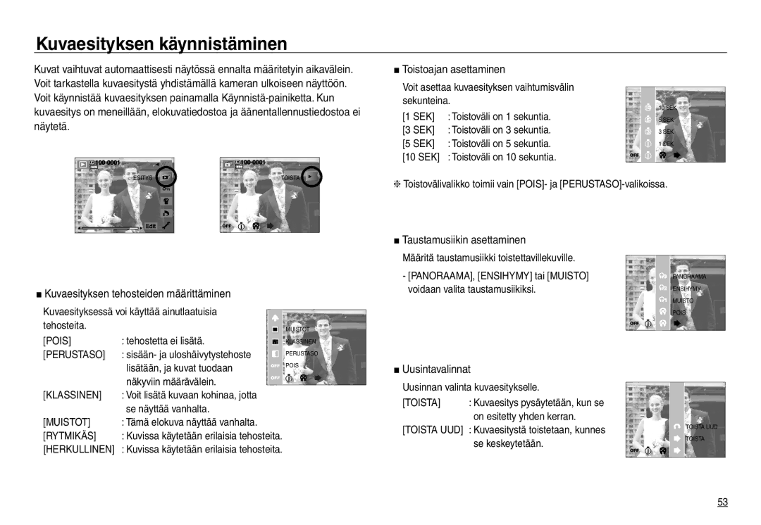 Samsung EC-NV30ZBBA/E2 Kuvaesityksen käynnistäminen, Kuvaesityksen tehosteiden määrittäminen, Taustamusiikin asettaminen 